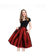 Women Pleated Midi Skirt A-Line Ruffle Taffeta Skirt Outfit - Burgundy,Plus Size - $65.99