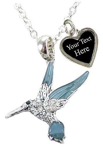 Holly Road Hummingbird Blue Green Silver Chain Necklace Jewelry Choose Your Text