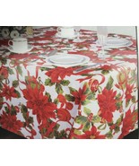 PRINTED FABRIC TABLECLOTH SIZE 70&quot;Round (4-6 ppl)CHRISTMAS POINSETTIA &amp; ... - $21.77