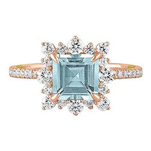 14K Rose Gold Plated Princess Cut Aquamarine Halo Diamond Ring For Women's