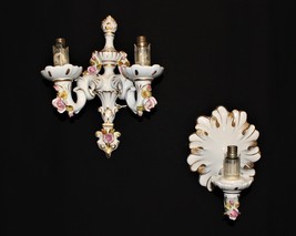 Set of 2 Italian Capodimonte Porcelain Majolica Flower Wall Light Sconces - $225.00