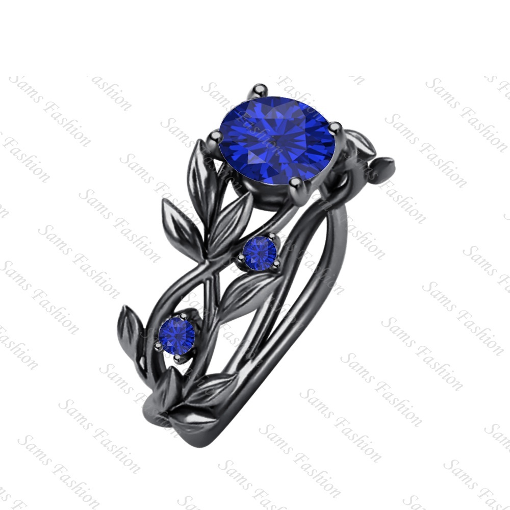 2Ct Blue Sapphire Leaves Round Cut Rose Gold Over .925 Sterling SilverF Womens