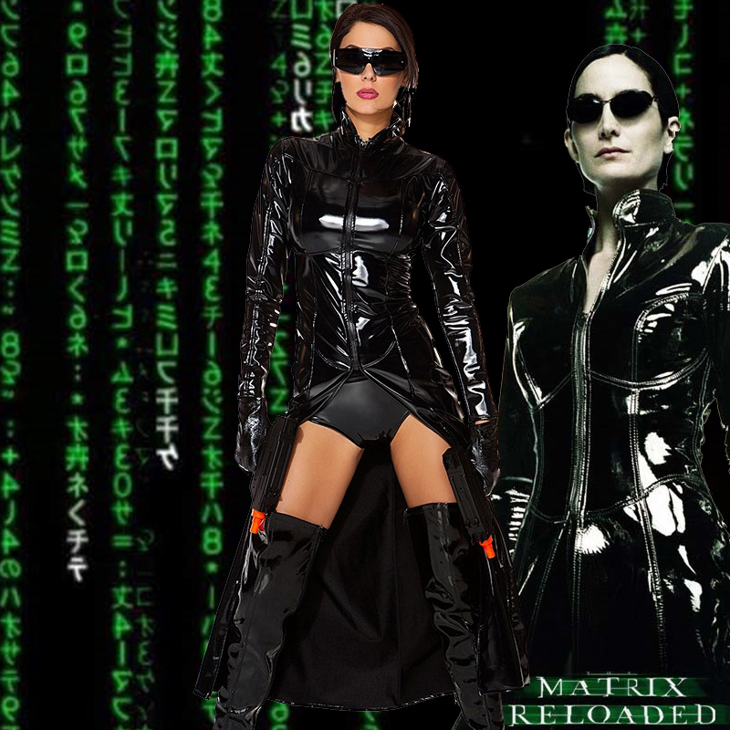 Womens Matrix Trinity Wetlook Faux Latex Cosplay Halloween Costume COAT.