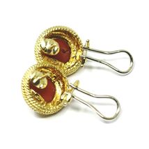 18K YELLOW GOLD BUTTON EARRINGS CABOCHON ROUND RED CORAL WORKED MULTI WIRE FRAME image 4