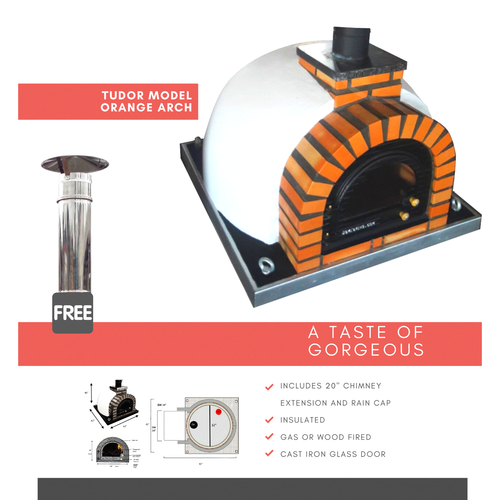 Wood or Gas fired pizza oven Accessories included. Glass door. Brick