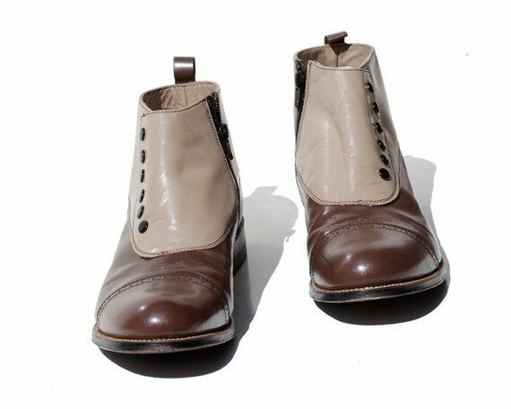 Two Tone Beige Brown Cont Cap Toe Side Zipper Leather Ankle Button Boots US 7-16