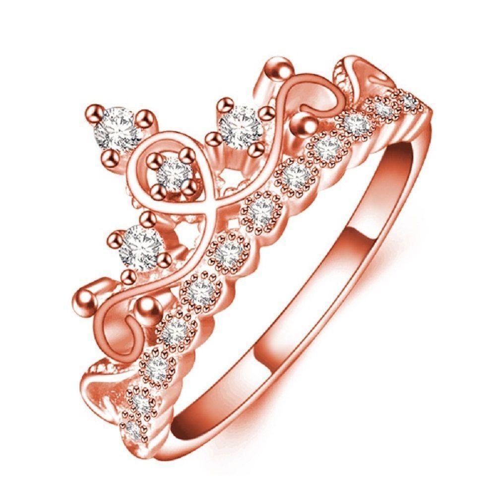 Elegant Women Rose Gold Plated Austrian Crystal Crown Ring Luxury Princess Ring