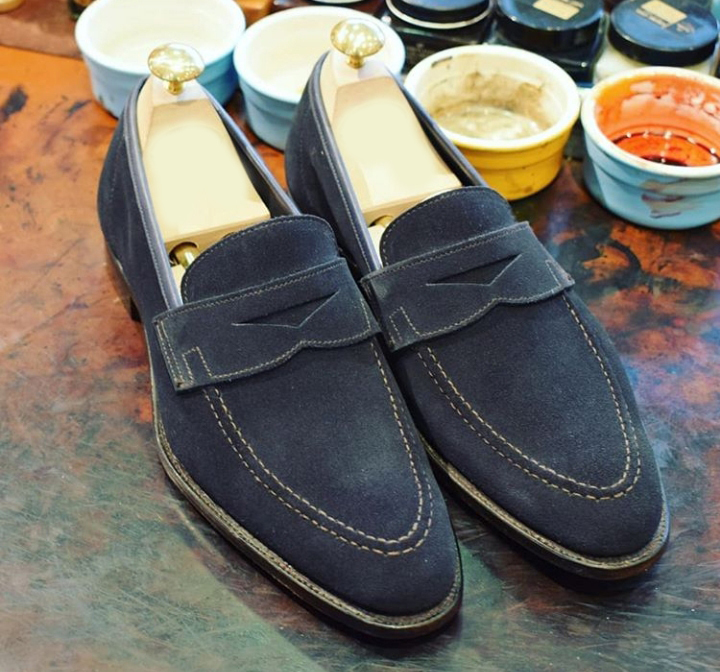 New Men Slip On Suede Formal Shoes, Penny Loafer Navy Blue Business Handmade 201