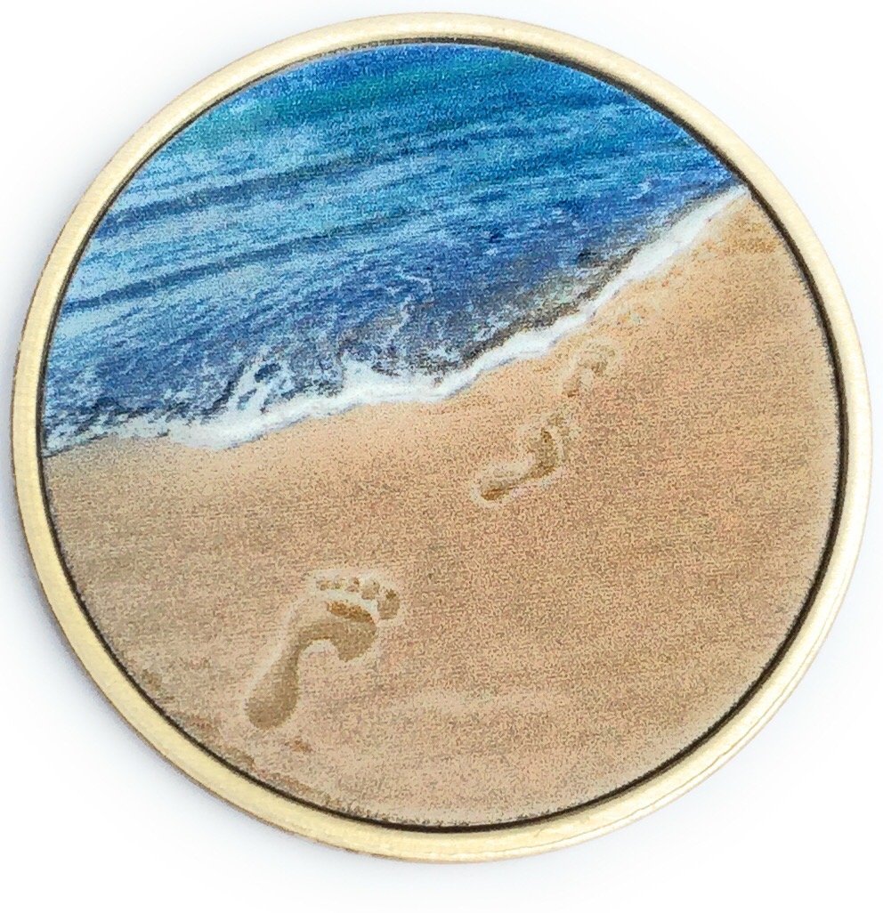 Footprints In The Sand Tropical Blue on Bronze Medallion Chip Pocket Token