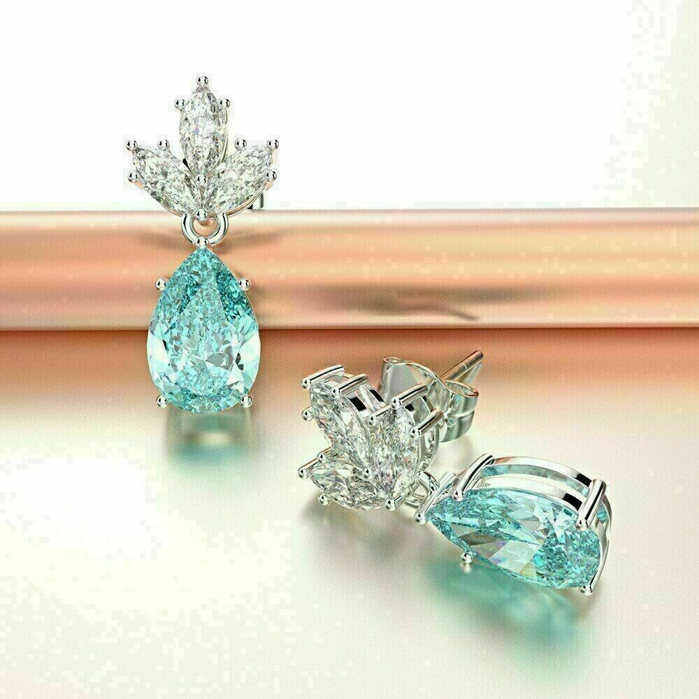 Primary image for 3Ct Pear Cut Lab Created Aquamarine Drop Dangle Earrings 14K White Gold Plated