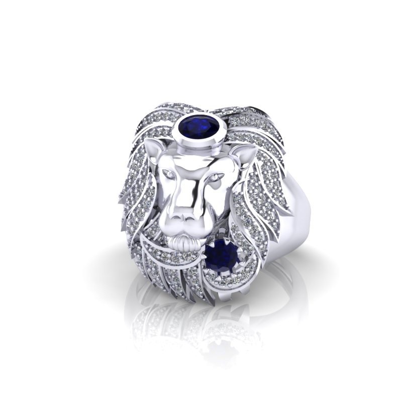 Warrior Animal Emperor Blue Sapphire Lion Ring Wedding Band 925 Sterling Silver