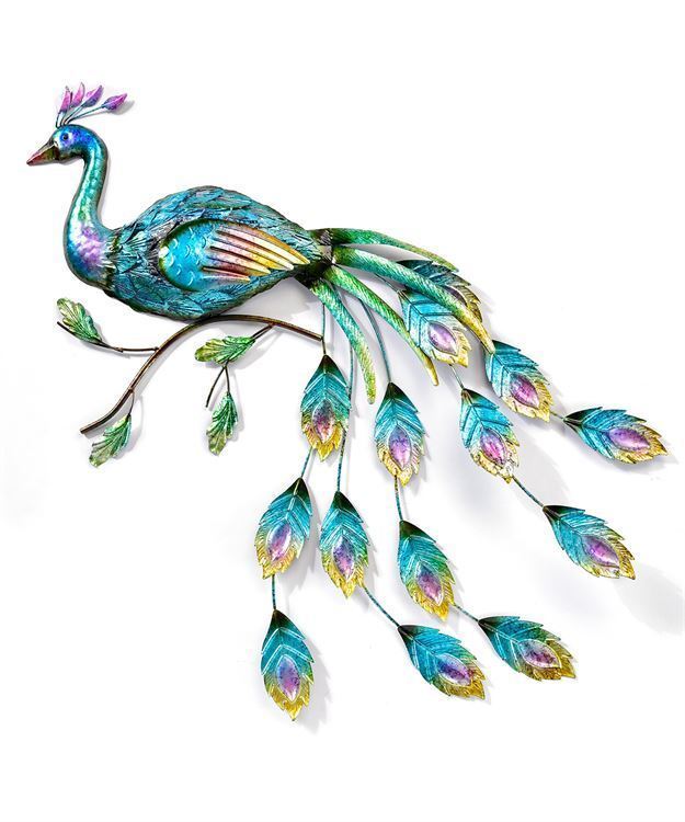 Peacock Wall Plaque 43" High Metal Opalescent With Cut Out Feather Design Accent - $148.49