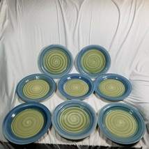 Set of 8 Pier 1 Blue Green Swirl Hand-painted Dinner Plates About 10 1/2 Inches - $27.54