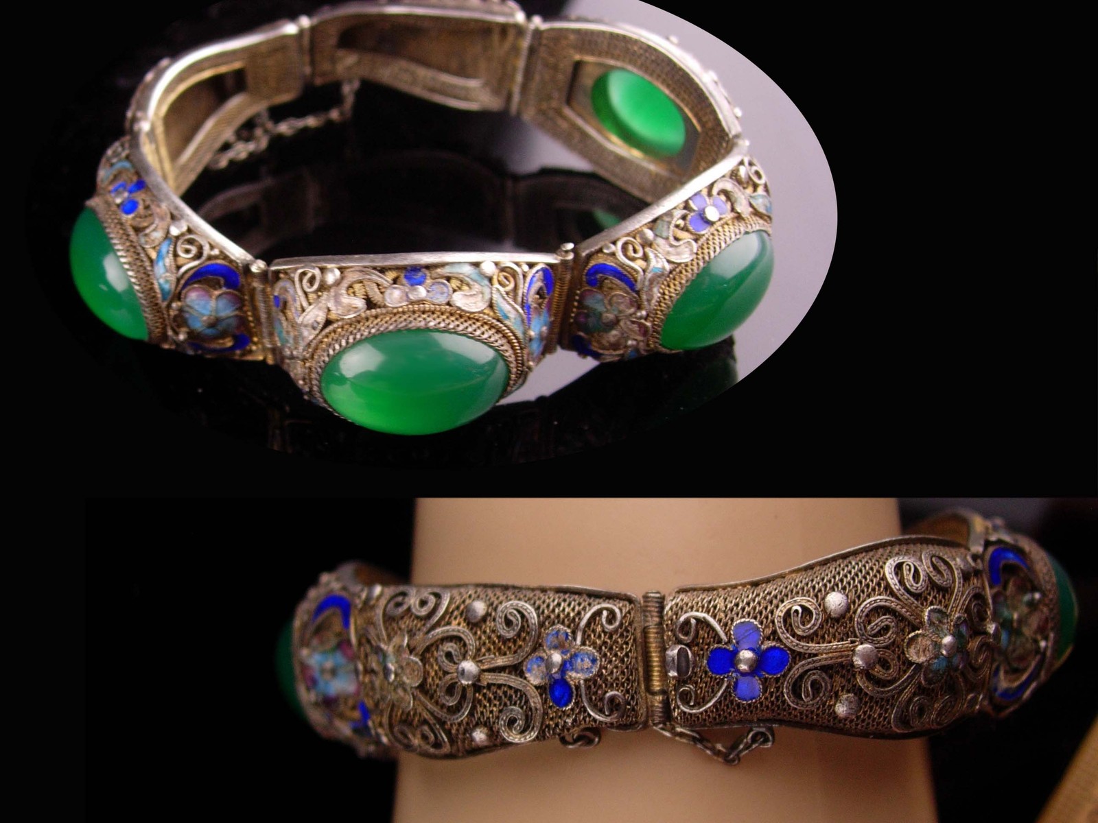 Antique Chinese export bracelet - Jade sterling silver filigree ...