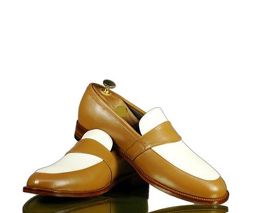 Handmade Men's Tan White Leather Penny Loafer Shoes, Men Dress Fashion Shoes