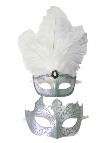 White Silver Couples Masquerade Mardi Gras Set Feather Mask