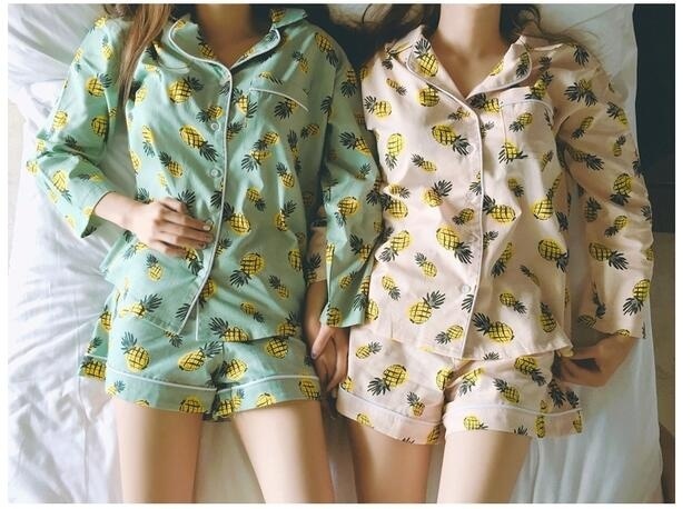 New 2021 Pajama Sets Women Pineapple Fruit Print 3 Pieces Set Long Sleeve Top +