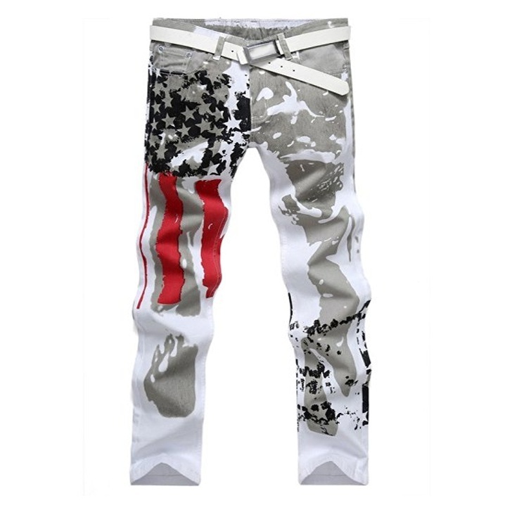 Mens Slim Fit American Flag Printing Causal Pants Skinny Demin Jeans (White)