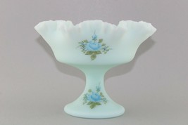 Vintage Fenton Blue Satin Hand Painted Art Glass Ruffled Pedestal Compot... - £32.61 GBP