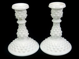 Pair of Vintage Fenton Taper Candle Holders, White Milk Glass, Hobnail P... - $39.15