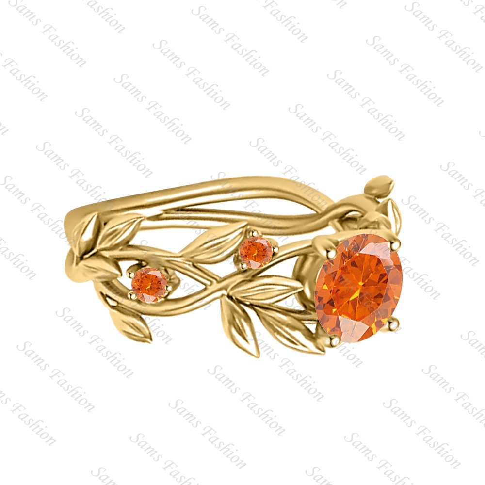 2Ct Orange Sapphire Leaves Round Cut Yellow Gold Over 925 Sterling Silver Womens