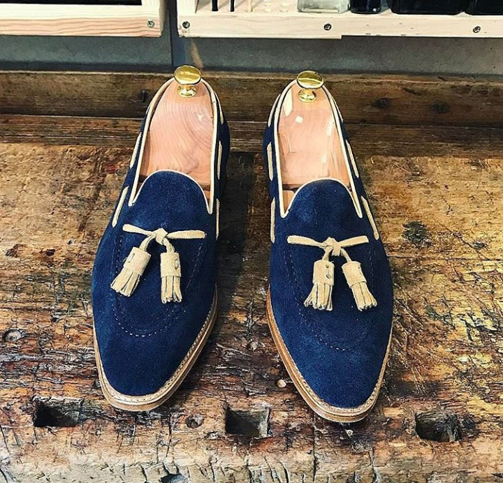 New Handmade Men Loafer Slip On Tussles Shoes, Mens Navy Blue suede formal Shoes