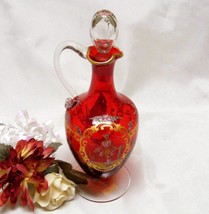 2715 Victorian Art Glass Hand Painted Gold and Ruby Red Cruet With Stopper - $75.00