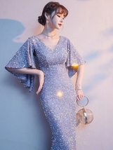 Women Maxi Sequin Dress Gowns Bat Sleeve High Waist Sequined Wedding Party Dress image 5