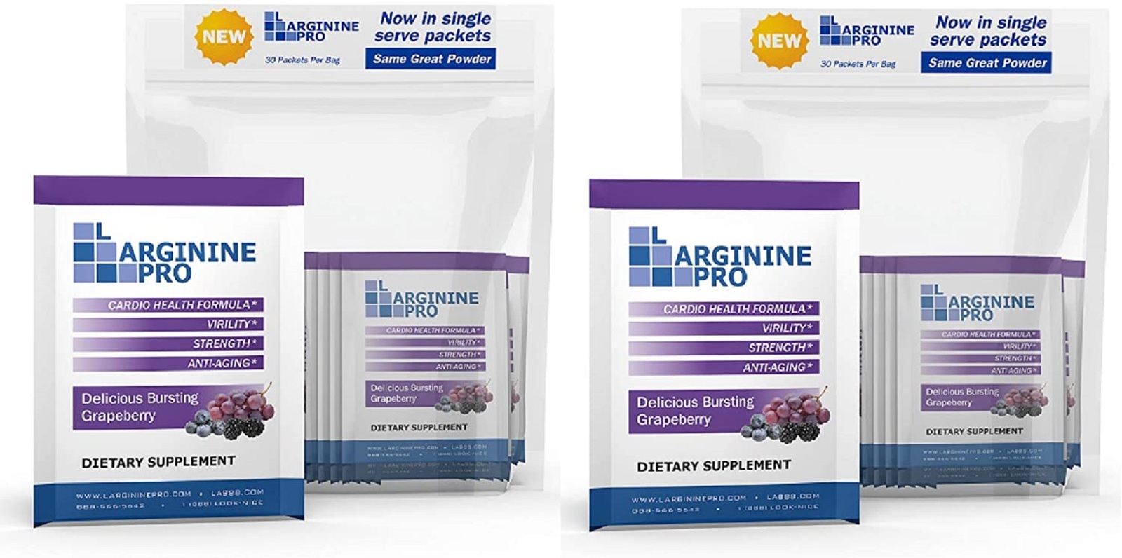L-arginine Pro Supplement ON-The-GO Single Serve (Grapeberry)2 Bags (60 Packets)