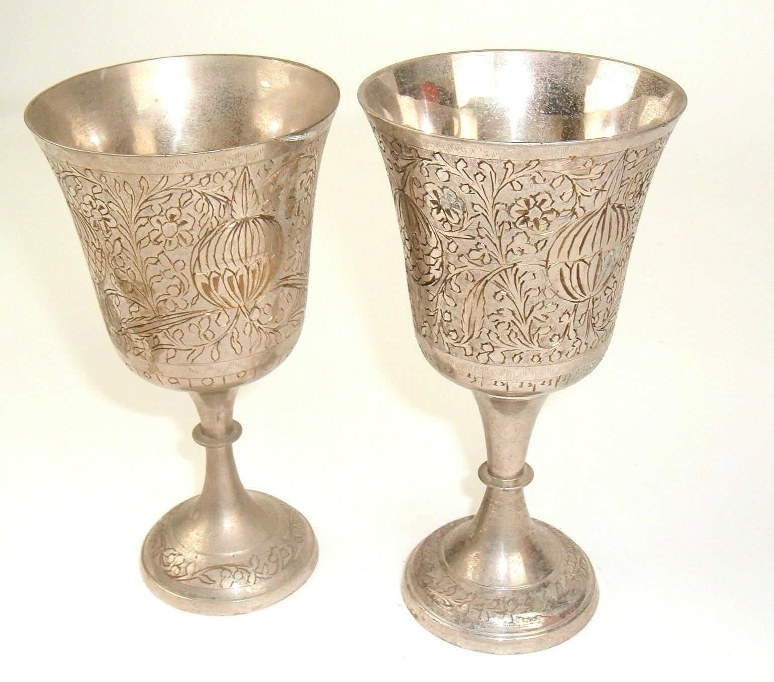Vtg Chalice Goblet Silver Plate Brass Etched World Gift Z.Y.India SET