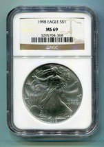 1998 AMERICAN SILVER EAGLE NGC MS69 BROWN LABEL PREMIUM QUALITY NICE COI... - $67.95