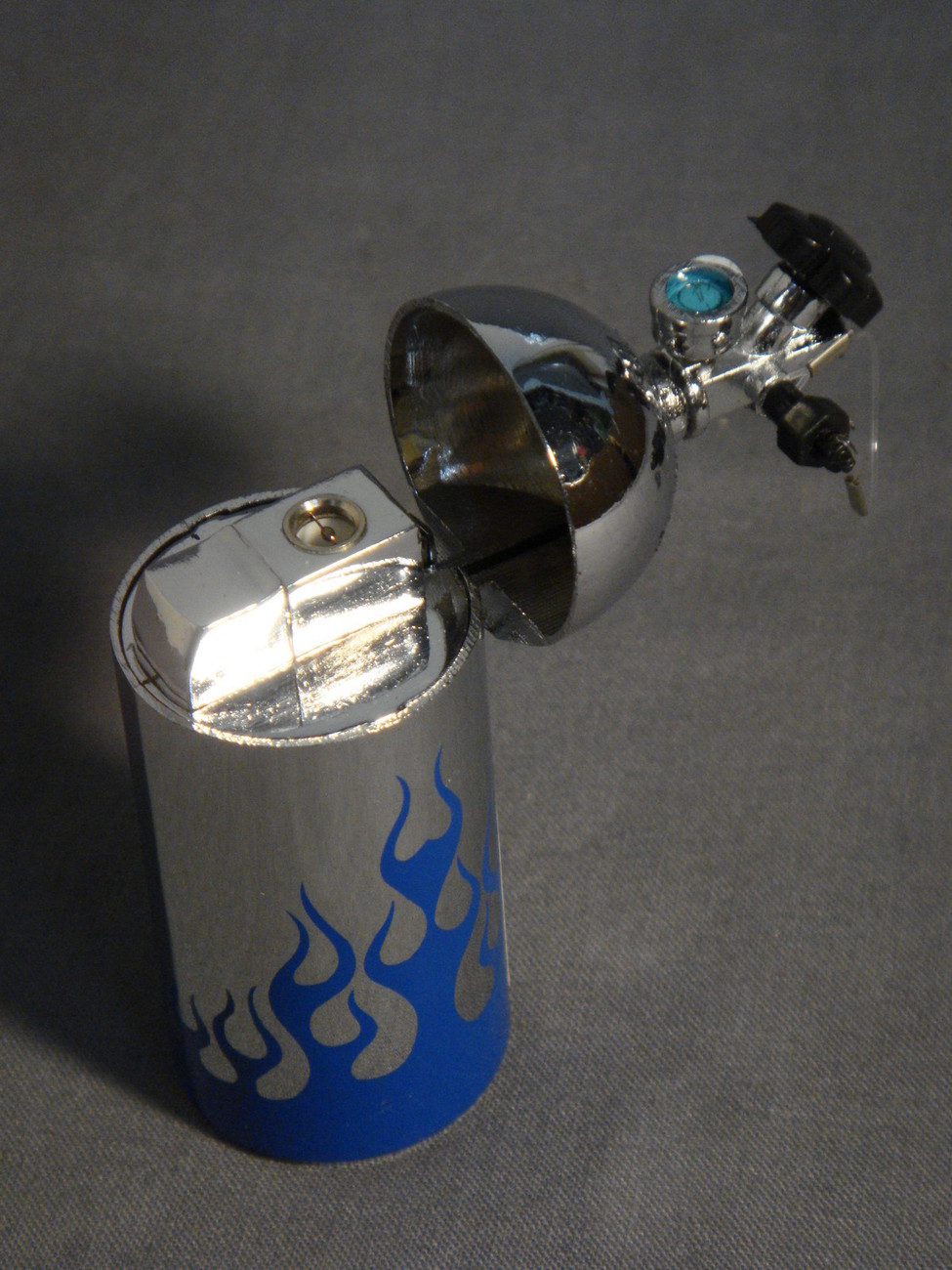NOS NITROUS OXIDE TANK REPLICA CHROME WITH BLUE FLAMES BOTTLE TORCH LIGHTER RacingOther