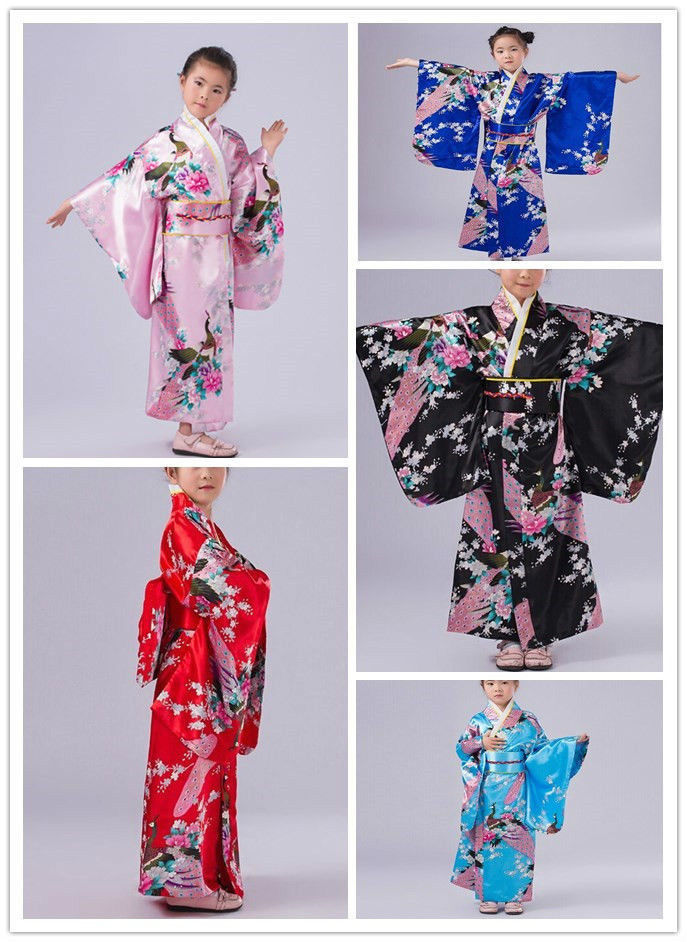 Retro Girl Kimono Japanese Children Yukata Obi Retro Cosplay Bathrobe Dress