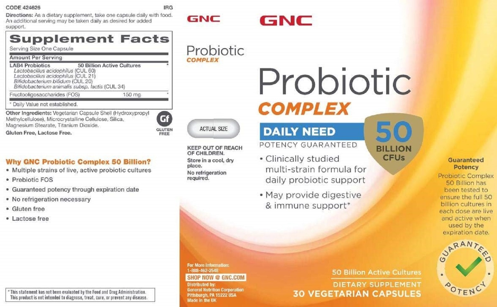 GNC Probiotic Complex, Daily Need, 50 Billion CFUs, 30 Capsules, Daily Probiotic