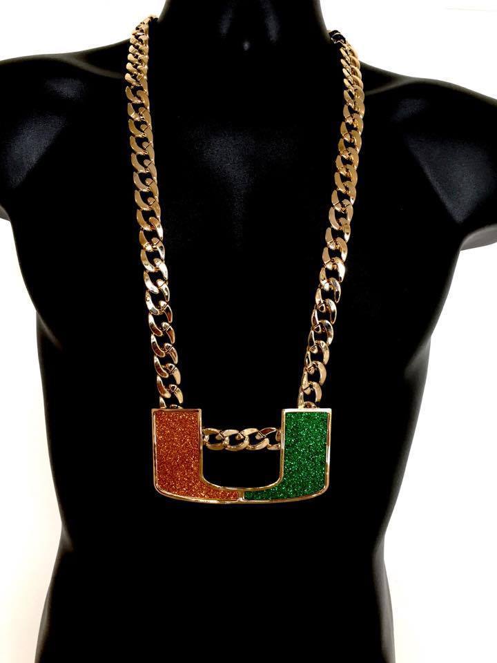 Miami Hurricanes Large Turnover Chain Necklace 14k Gold Gp 15mm 36 Cuban Link Necklaces 