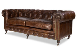 89" Sofa Vintage Cigar Brown Top Grain Leather Tufted Chesterfield