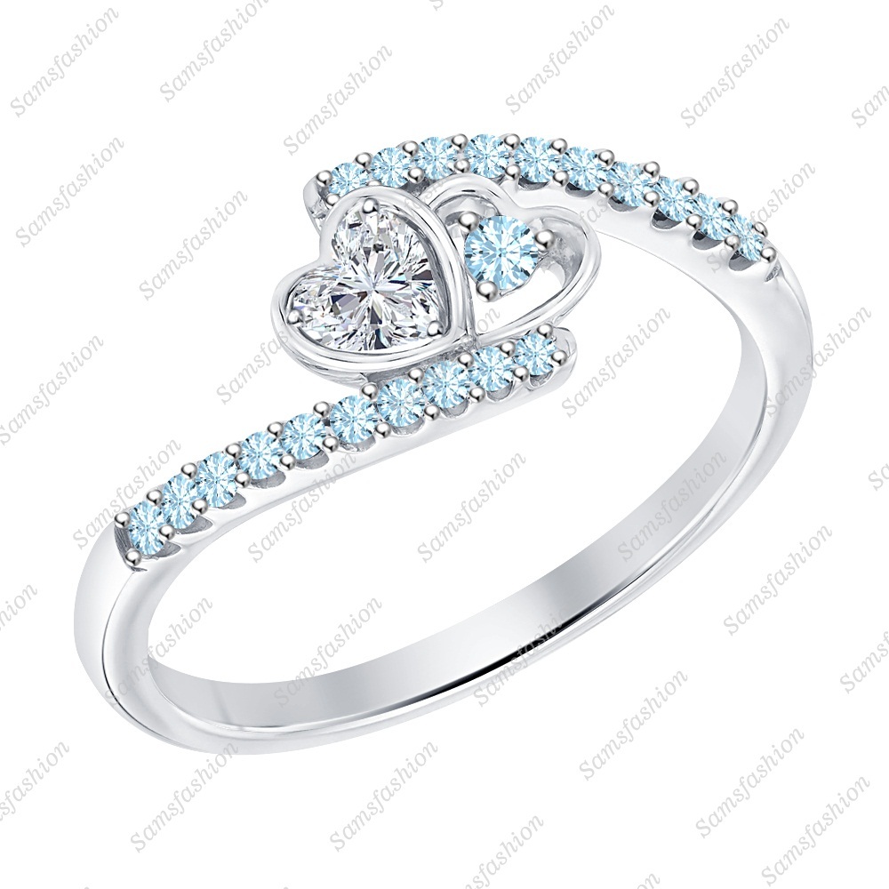 Heart Shaped Diamond & Aquamarine 14k White Gold Over 925 Heart Promise Ring