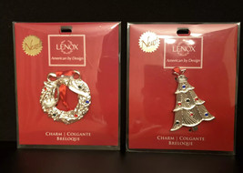 LENOX Christmas TREE and WREATH Charms Silver Plated Ornament Red Ribbon... - $19.79