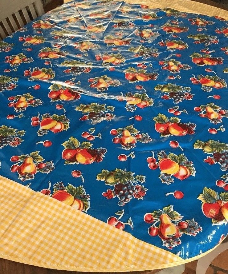 60 Round Oilcloth Tablecloth Blue Pears And 10 Similar Items 60 Round Oilcloth Tablecloth Blue Pears Apples Gingham Border Outdoor Camper Rv