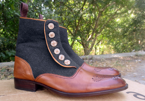 New Handmade Men's Formal Boot,Men's Tan Brown Leather & Fabric Button Fashion