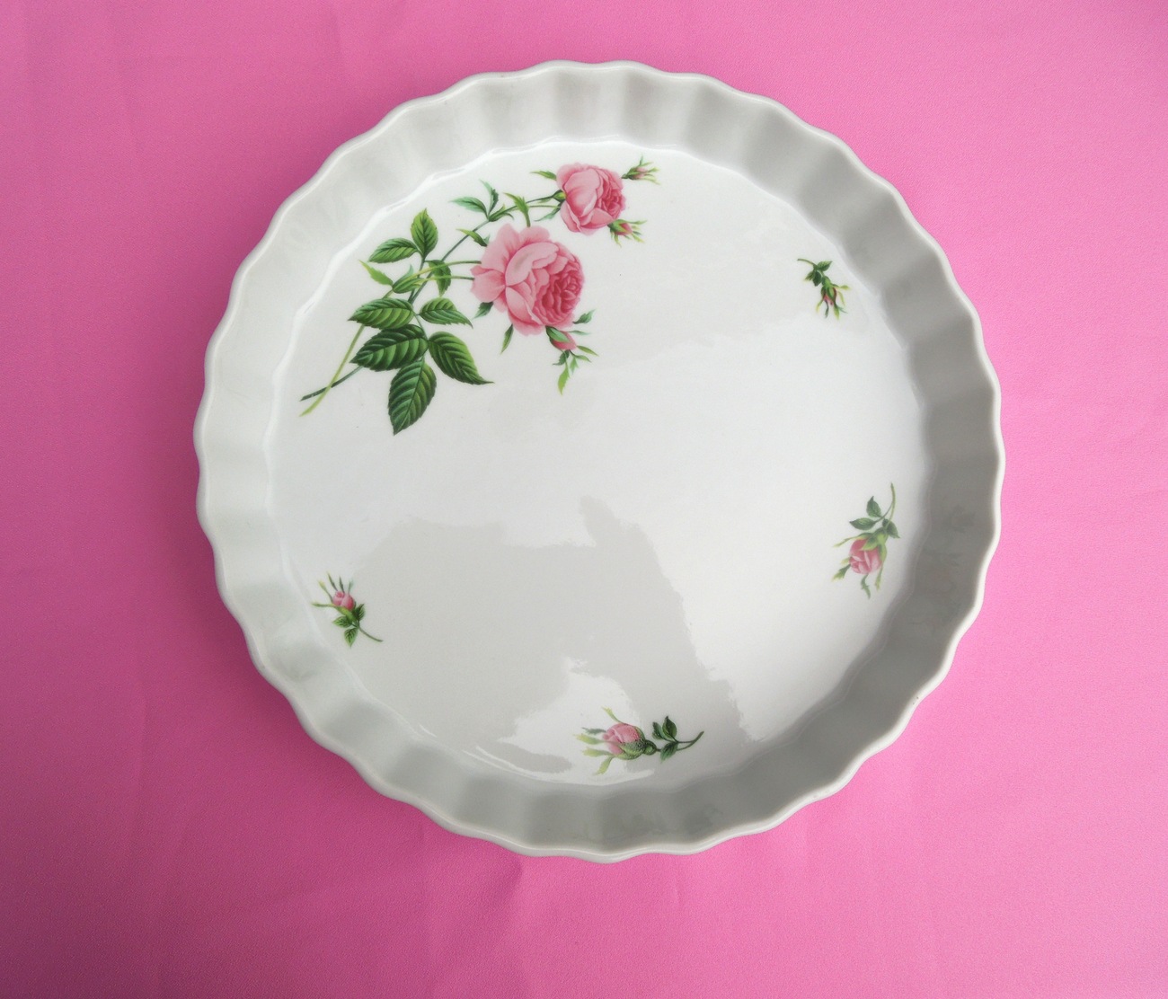 Fluted, Glazed Ceramic Quiche Dish Rose Pattern by Christineholm