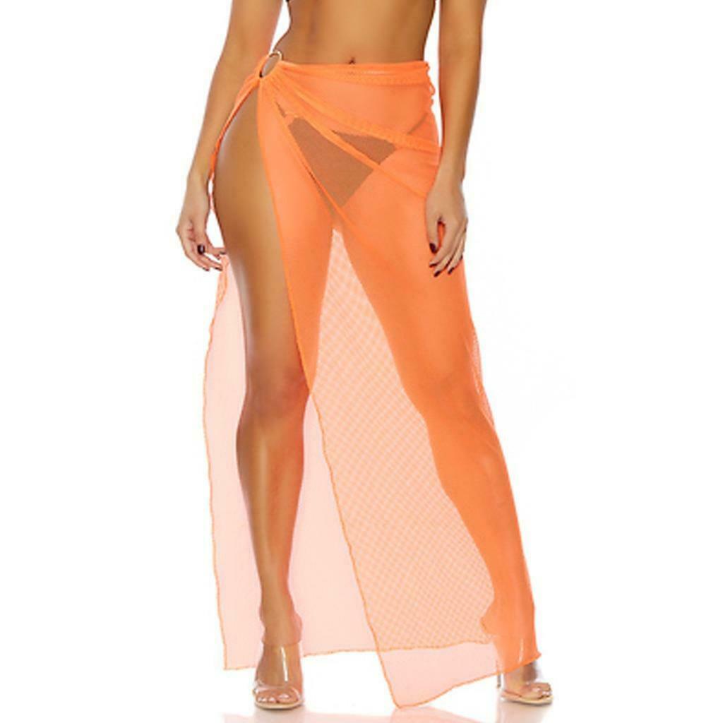 Sheer Net Wrap Skirt O Ring High Slit Swim Coverup Full Length Long 440339NO