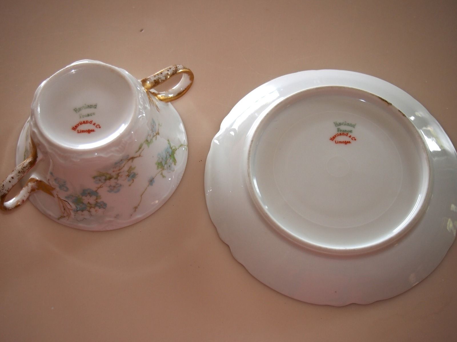 Haviland & Co. France Limoges Two Double Handled Blue Flower Tea Cup