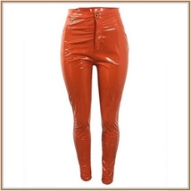 Bright Orange Tight Fit Faux Leather High Waist Front Zip Up Legging Pencil Pant image 2