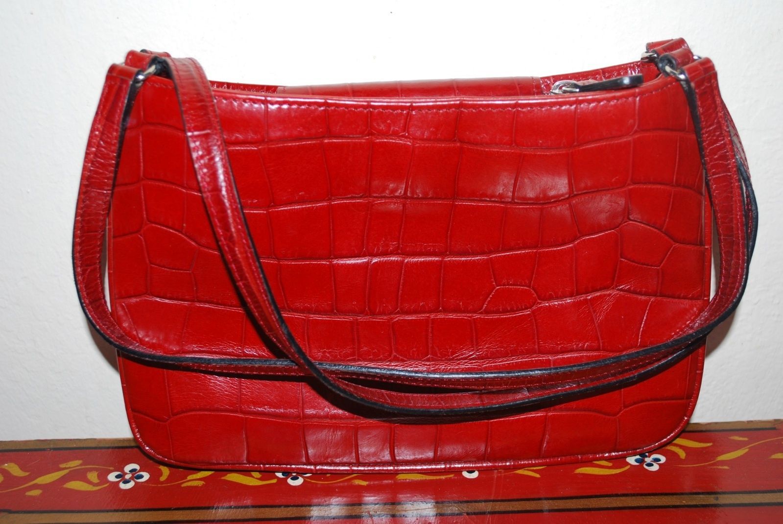 Ann Taylor Red Leather Croc Purse Handbag Baguette Clutch - Handbags & Purses