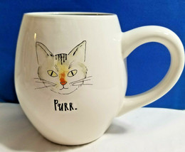 Rae Dunn PURR Kitty Cat Grey Face Magenta Mug Coffee Tea Cup White - $34.99