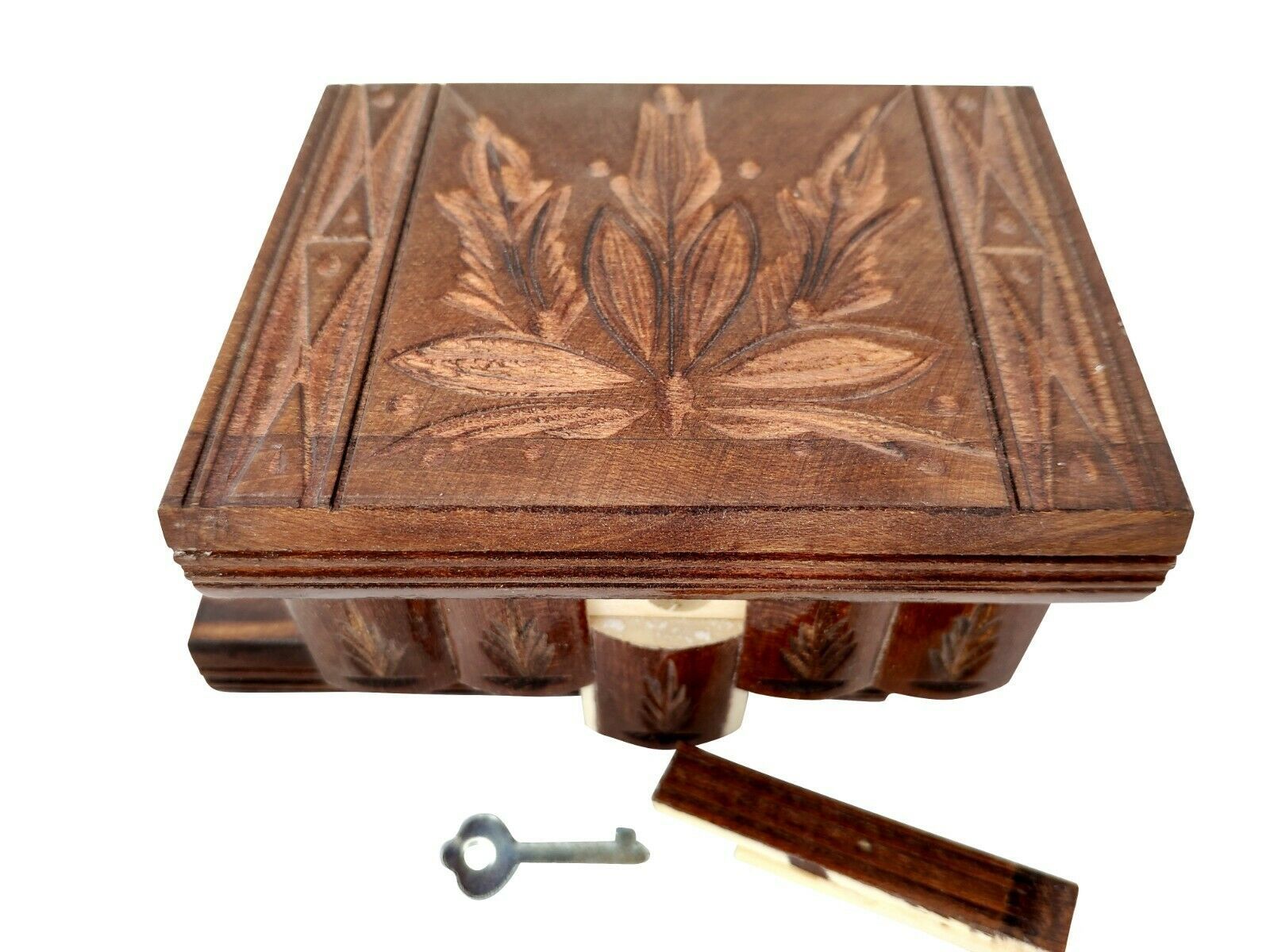 Small 4” Size Wooden Puzzle Jewelry Box with Hidden Compartment & Key