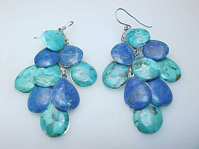 Primary image for LAPIS & TURQUOISE Dangle EARRINGS in Sterling Silver - 2 3/4 inches long