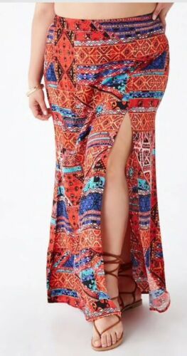 Plus Size Maxi Skirt Aztec Tribal Print Long Skirt Geo Boho High Waist 3X NEW