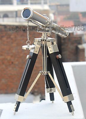 Nautical Navy Silver Brass Telescope Spy With Tripod Marine Spyglass Decor Gift